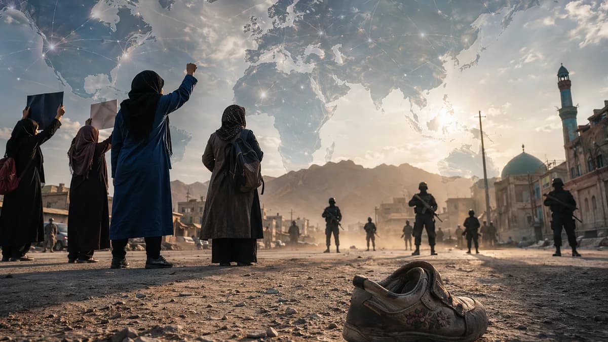Herat protest scene with women, security silhouettes, empty shoe, and global map overlay