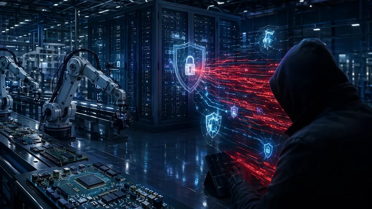 Cybersecurity breach visual with server vault, shields, locks, code matrix, and electronics factory silhouettes