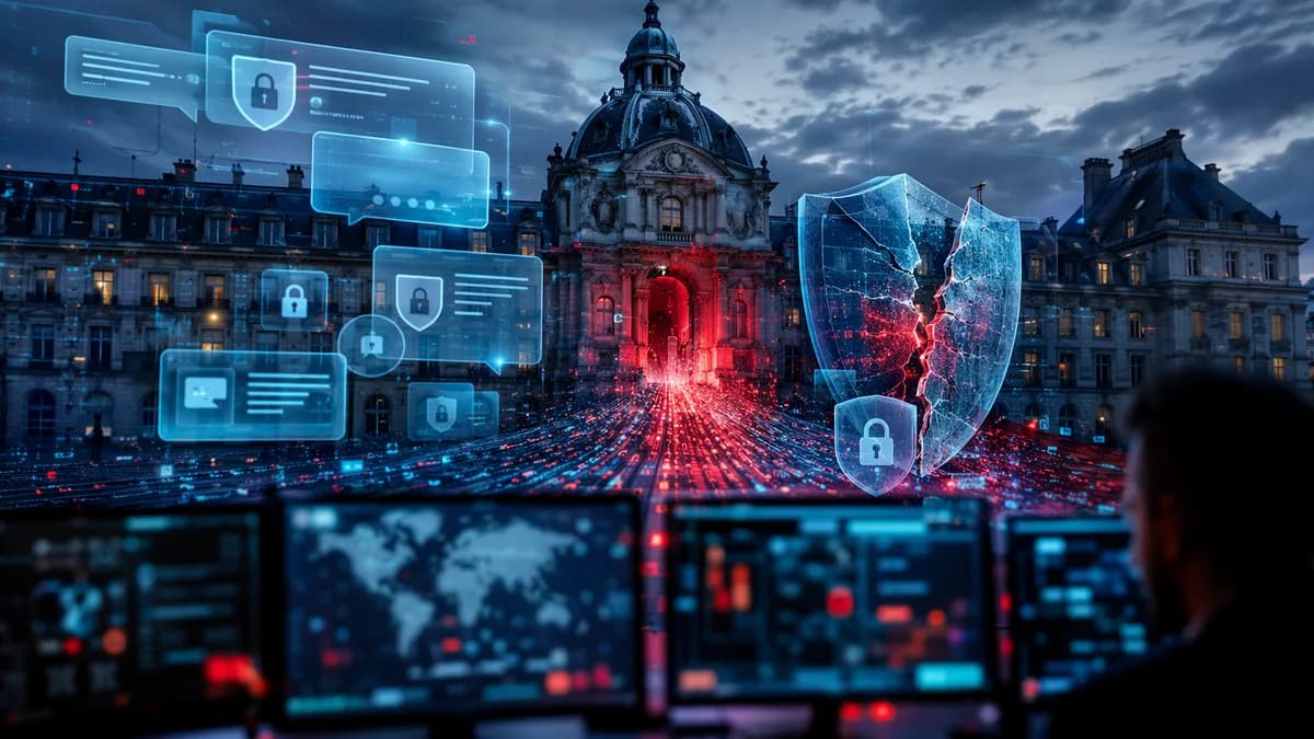 French government messaging breach shown as leaking encrypted chat bubbles and broken digital shields.