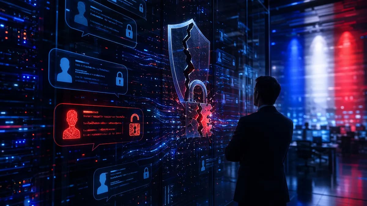 Cybersecurity breach concept showing a compromised secure messaging system with shield and lock imagery.