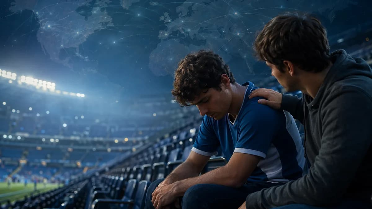 Disappointed sports fan comforted by a friend in a stadium with subtle global map connections.