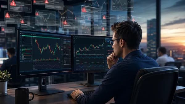 Trader reviewing clean market alerts amid fading noisy chart signals on a modern trading desk.