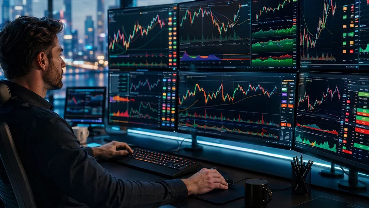 Trader using an organized technical analysis dashboard with charts, alerts, and risk levels.