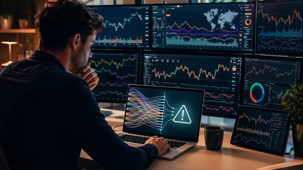 Trader reviews charting software on an unbranded laptop with market data screens.