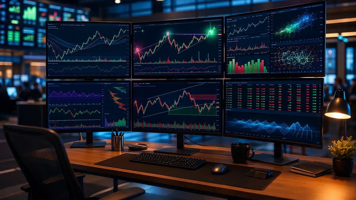 Trader workstation with abstract market charts and software alerts highlighting swing trading setups.