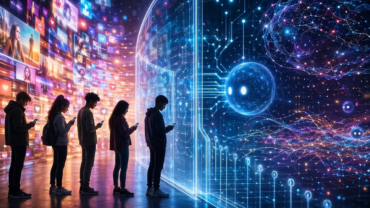 Teens with phones face a glowing shield restraining social media algorithms and AI chatbots.