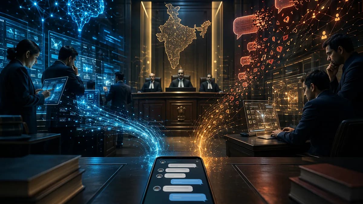 Futuristic tech courtroom scene showing encrypted chat moderation and platform-liability scrutiny.