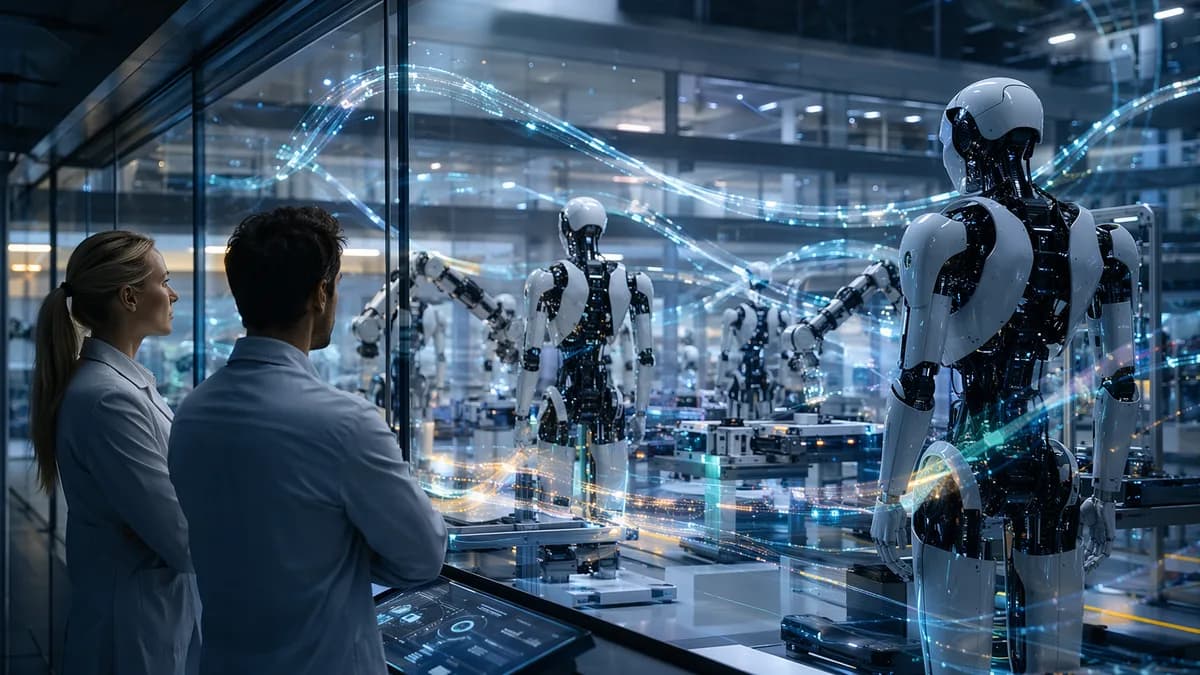 Humanoid robots in a futuristic lab with glowing digital finance rails symbolizing stablecoin-backed robotics funding.