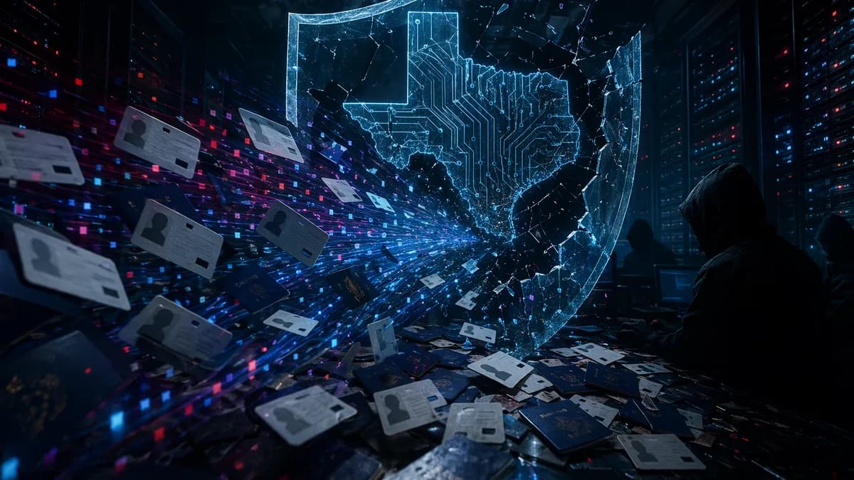 Dark cybersecurity scene with Texas-shaped circuitry, cracked shield, blank IDs, passports, and stolen data streams.