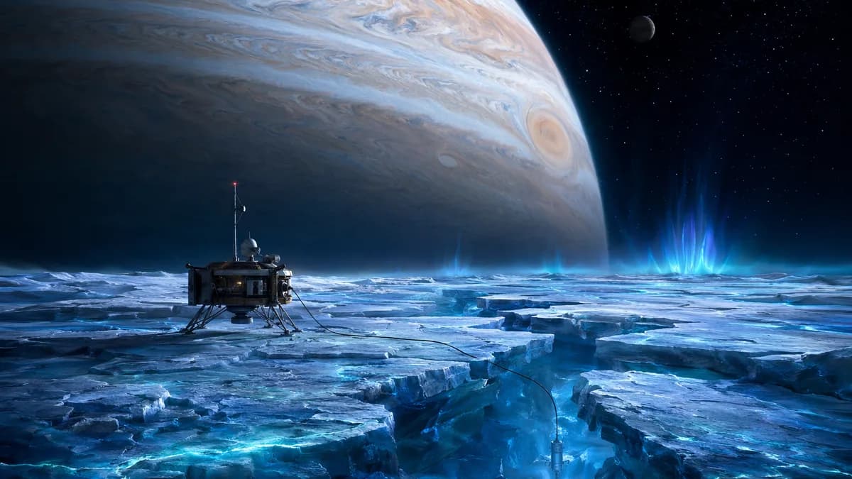 Wide establishing shot of Europa beneath a massive Jupiter filling the sky, a small autonomous research lander on cracked blue-white ice, faint aurora-like glow along fractures, distant cryobot cable disappearing into a borehole, awe-filled quiet mood, di