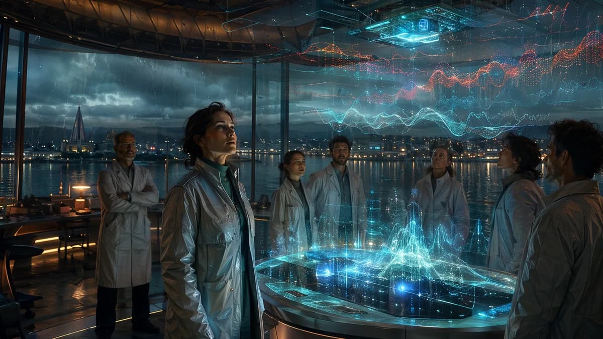 Medium scene inside a Reykjavík signal lab in 2079, Dr. Mara Venn watching floating holographic waveforms while researchers stand in hushed disbelief around her, rain-streaked glass walls overlooking a dark harbor, warm human lighting contrasted with cool