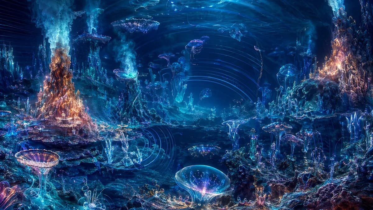 Detail/concept art of Europa’s subsurface ocean: bioluminescent mineral reef structures surrounding hydrothermal vents, translucent organisms arranged like a living orchestra in dark water, visible concentric pressure waves moving through the sea, mysteri
