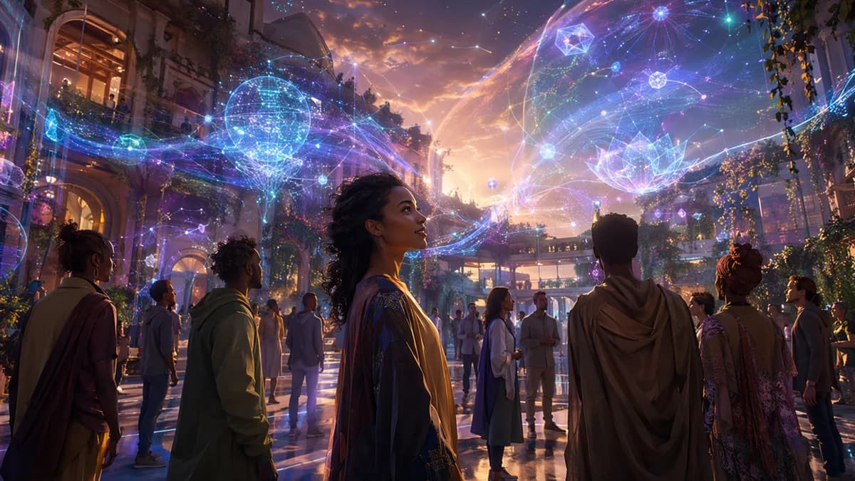 Medium scene inside a decentralized citizenship hall rendered as an augmented public courtyard, with Amara standing among neighbors and translucent governance constellations hovering around them, showing abstract streams of light, civic pledges, and publi