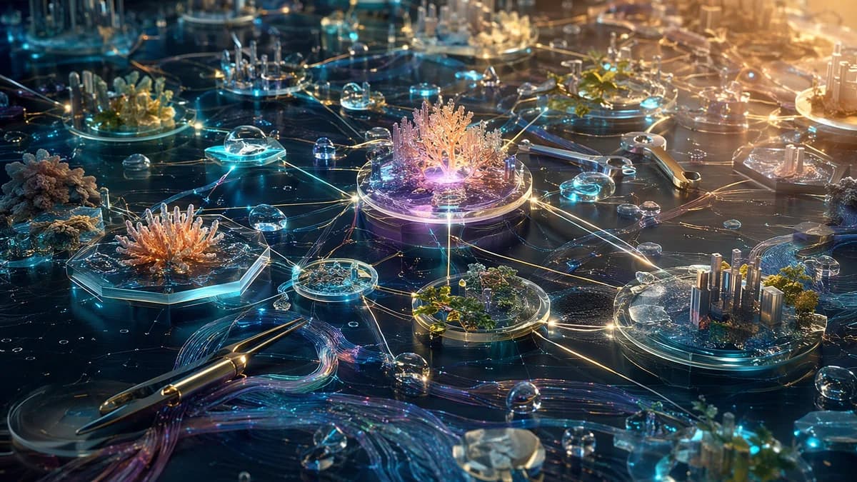 Detail/concept image of a post-scarcity economic interface represented as interlocking transparent tokens, coral fragments, water droplets, repair tools, and glowing threads connecting miniature city models across a dark table-like surface; the mood is th