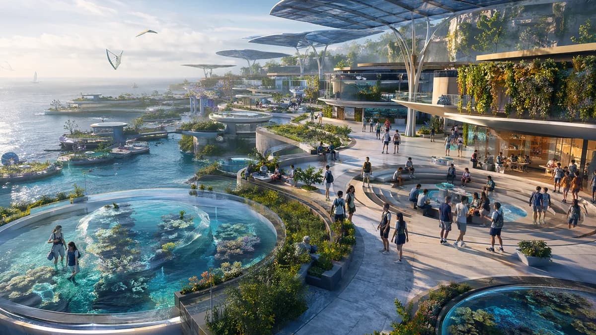 Wide establishing shot of a 2050 coastal learning commons built on terraced seawalls and floating gardens, teenagers moving between open-air labs, reef tanks, solar canopies, and shaded discussion circles, soft morning haze over the water, hopeful civic a
