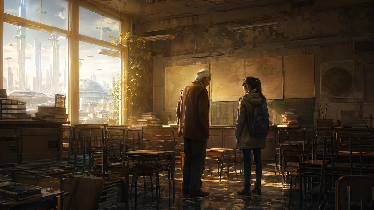 Medium scene inside an abandoned mid-century classroom being emptied, an elderly former teacher and a teenage girl standing among stacked desks, paper artifacts, old maps turned blank, sunlight cutting through dusty windows, a quiet contrast between past