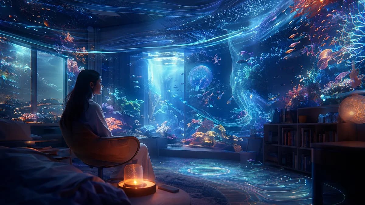 Detail/concept image of a personalized AI tutor represented as a gentle holographic reef ecosystem surrounding a learner’s study space, translucent data currents flowing like water, neural bloom interface suggested by soft light patterns around the room r