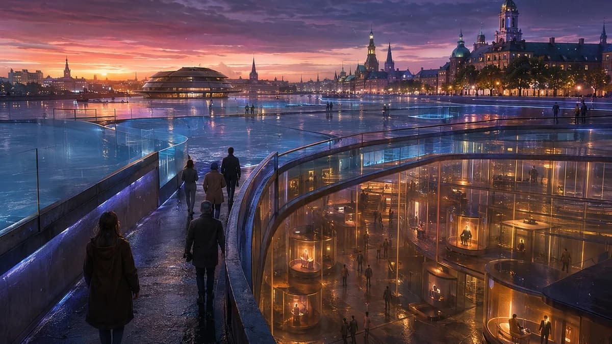 Wide establishing shot of a near-future Copenhagen flood reservoir at dusk, glass water channels above a warm underground data sanctuary visible through translucent architecture, people descending quiet ramps to visit digital loved ones, soft rain, reflec