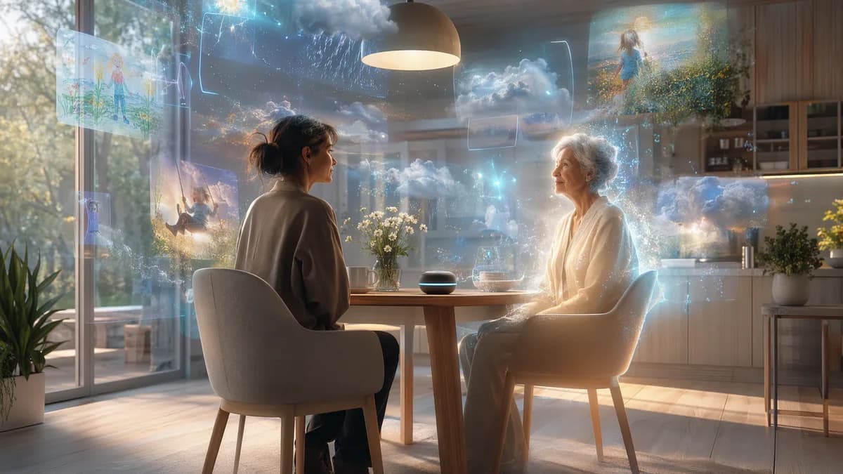 Medium scene inside a serene virtual consultation room resembling a sunlit Scandinavian kitchen blended with subtle holographic memory fragments, Mara seated across from an elderly woman represented as a luminous but natural human presence, floating motes