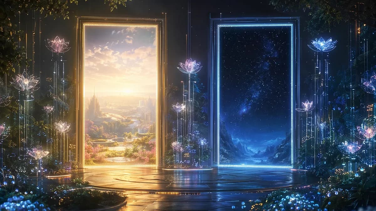 Detail/concept image of a consent interface represented symbolically as two glowing doorways in a tranquil digital garden, one opening toward a bright communal landscape and one toward soft darkness filled with stars, no visible writing or symbols, delica