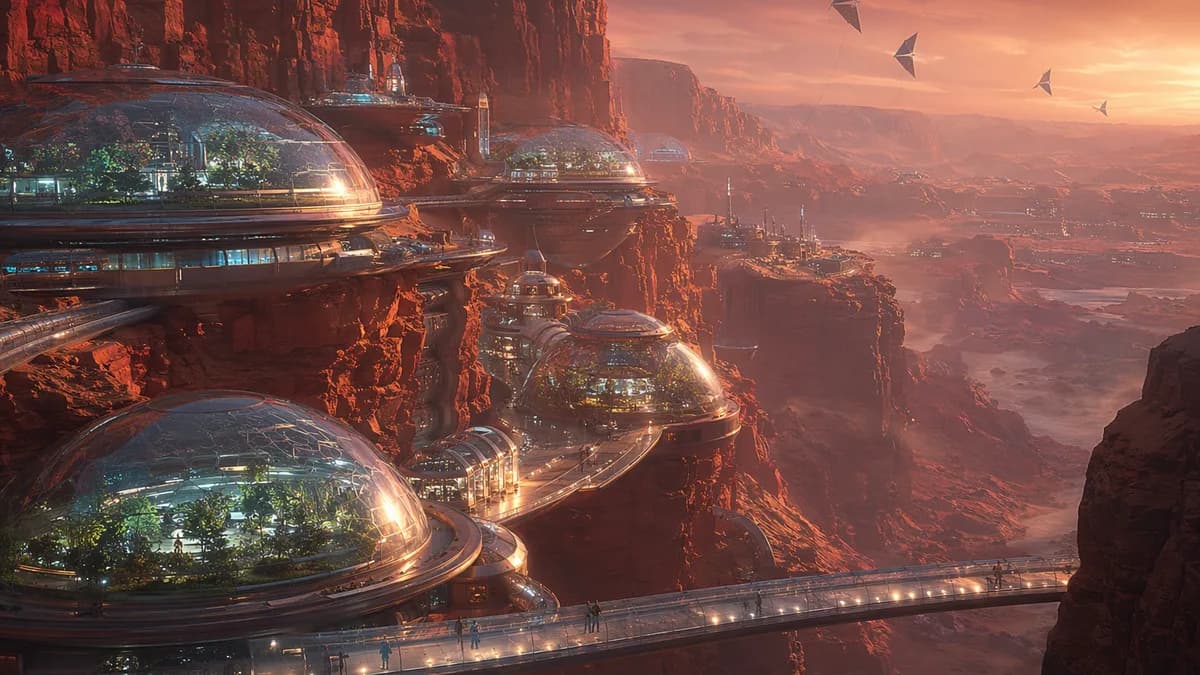 Wide establishing shot of a Martian canyon colony built into the red cliffs of Valles Marineris, transparent habitat domes glowing at dusk, thin atmosphere haze, small figures moving along pressurized walkways, solar kites in the distance, hopeful and liv