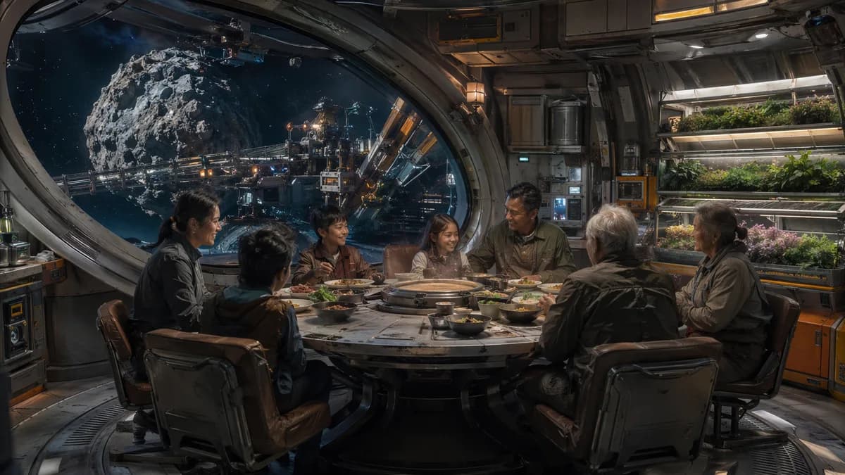 Medium scene inside a rotating asteroid-mining habitat, multigenerational family gathered around a communal meal table while a mined asteroid is visible through a curved window, plants growing in modular wall gardens, practical worn technology, warm human