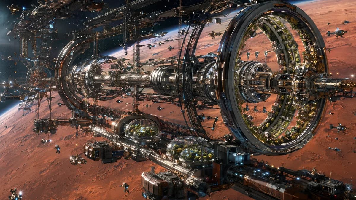Detail/concept image of the generation ship Halcyon under construction above Mars, habitat rings, orchard modules, cargo spines, and tiny maintenance drones silhouetted against the planet below, elegant engineering mixed with human-scale living spaces, aw