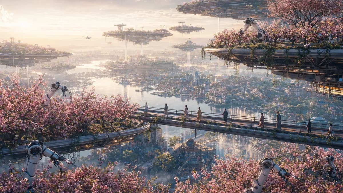 Wide establishing shot of a floating agricultural district above a restored river-city in 2058, terraced peach orchards suspended on modular platforms, quiet robots pruning trees under soft dawn mist, citizens strolling without hurry on garden bridges, wa