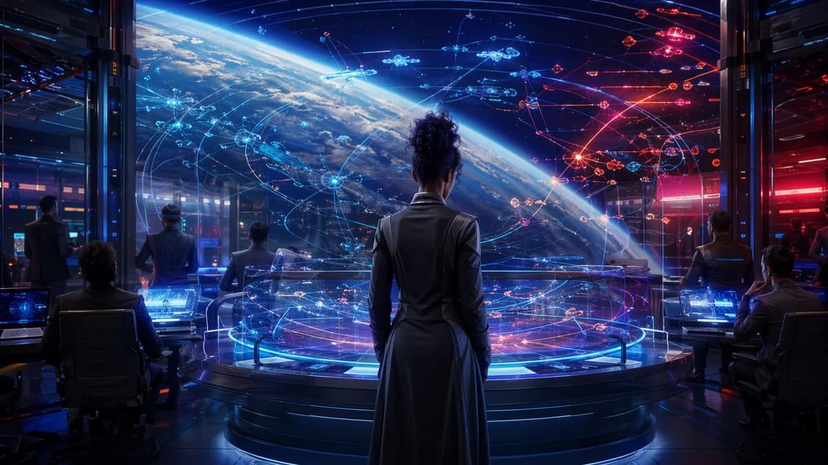 Medium scene inside an orbital traffic control bay, Amara Venn standing before transparent holographic orbital paths and swarm trajectories, other civilian technicians watching silently as warning lights reflect across glass walls, Earth’s curved horizon