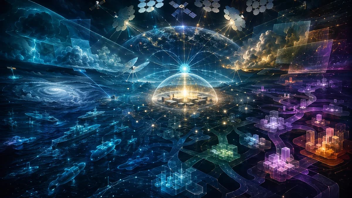 Detail/concept image of autonomous conflict without soldiers: layered translucent silhouettes of sea drones, orbital mirrors, cyber nodes, weather satellites, hospital icons represented only as abstract shapes, and branching simulation paths converging ar