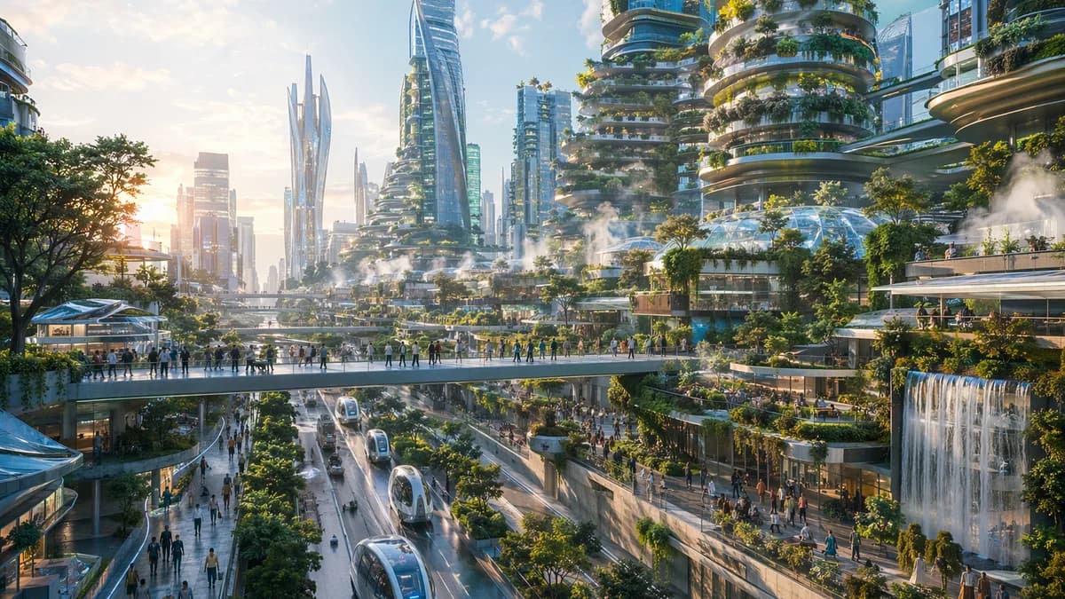 Wide establishing shot of a hyper-connected 2060 smart city district at dawn, autonomous transit pods flowing in silent lanes beneath towering vertical farms wrapped in greenery, skybridges filled with pedestrians, solar glass facades, mist from hydroponi