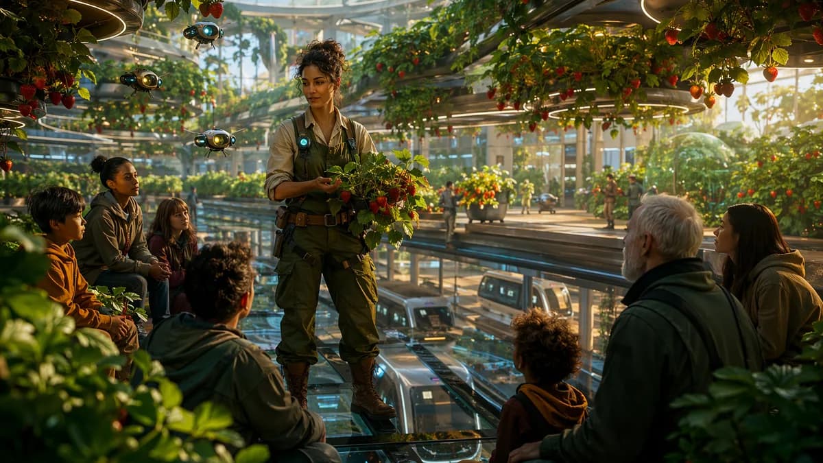 Medium scene inside a vertical farm built above an autonomous transit depot, a thoughtful woman transit gardener in practical workwear stands among strawberry vines, pollinating micro-drones, and transparent floor panels showing driverless pods below; nea