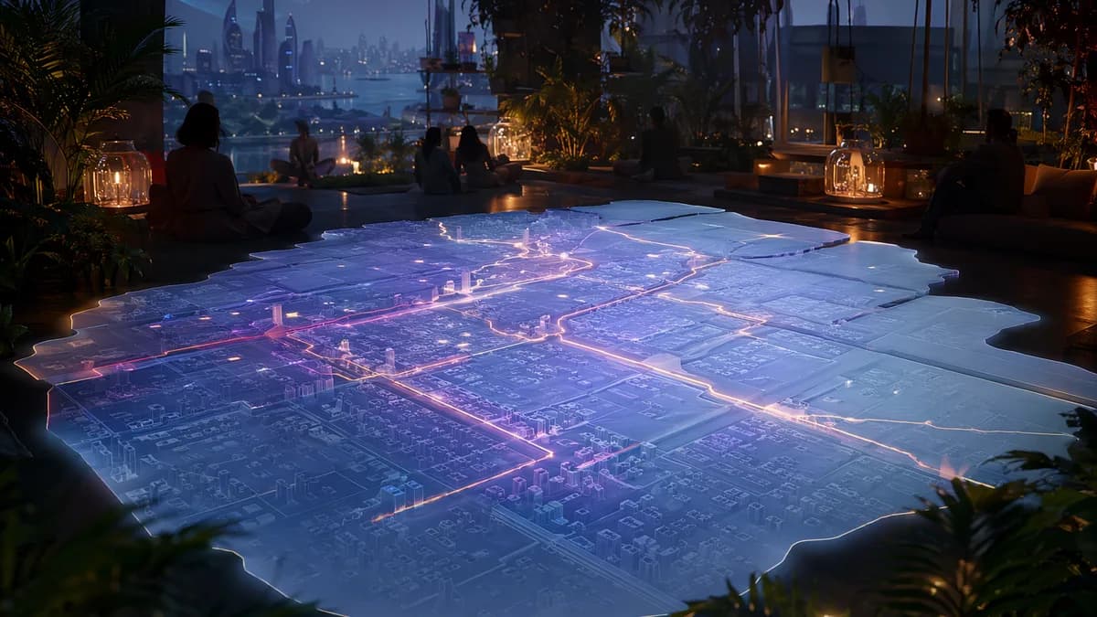 Detail/concept image of a city interface entering Quiet Hour: softly glowing transit route lines fading into calm blank zones across a three-dimensional neighborhood map, surrounded by plants, ambient lights, and silhouettes of people resting without devi