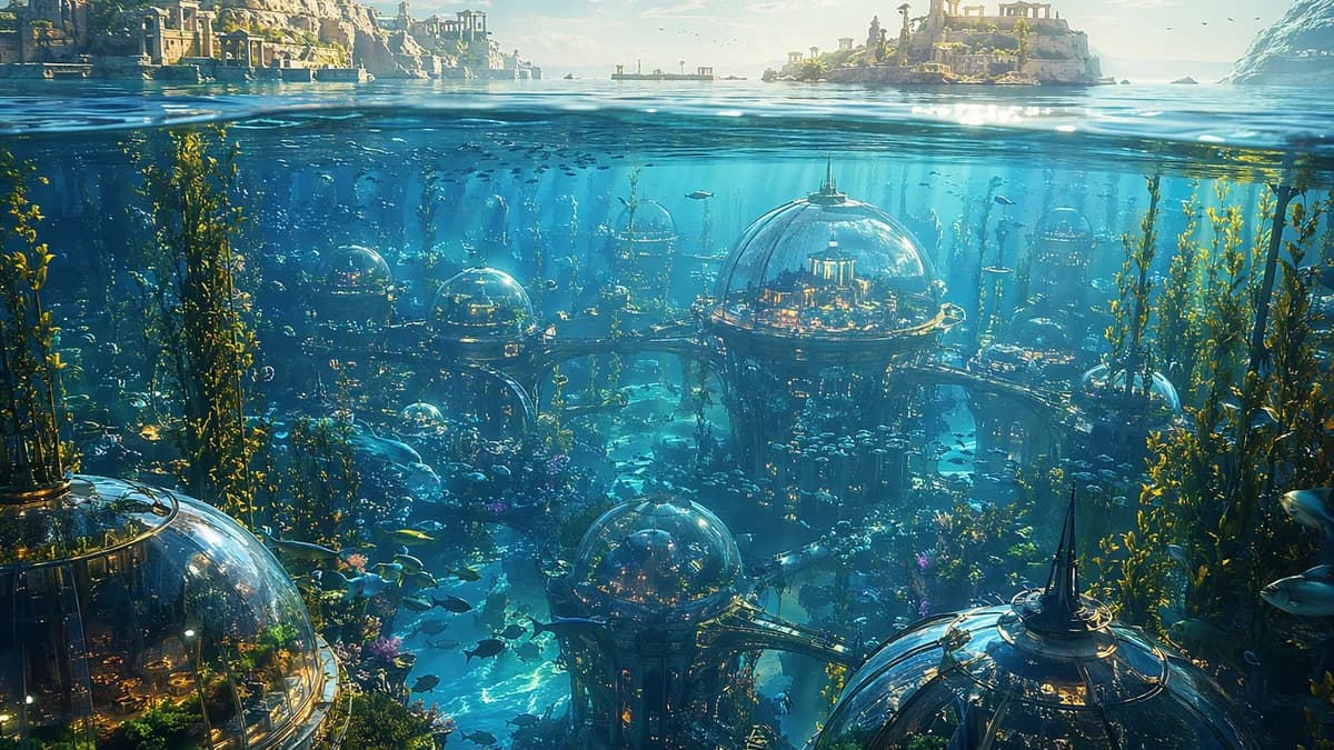 Wide establishing shot of an underwater city suspended beneath a sunlit Mediterranean surface, transparent domes connected by coral-like bridges, kelp forests swaying around habitat towers, old flooded hilltop ruins visible above as tiny islands, schools