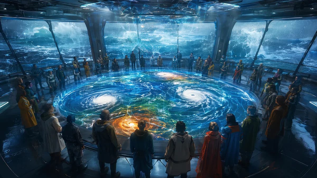 Medium scene inside a circular climate control chamber with a diverse city assembly gathered around a glowing holographic weather basin showing currents and storm spirals, ocean visible through curved glass walls, characters in practical aquatic-adapted c