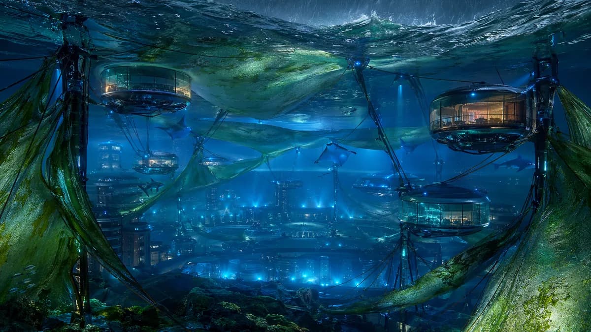 Detail concept scene of storm-permeable city infrastructure during a controlled surge: translucent algae membranes billowing like sails, modular buoyant community halls rising on cables, rain striking the sea surface above while blue emergency lights glow