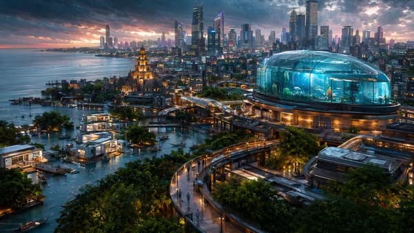 Wide establishing shot of a near-future Indian coastal city at monsoon dusk, elevated walkways, mangrove canals, floating clinics, and a repurposed glass aquarium glowing above a tidal quantum computing facility, rain clouds lit by warm city lights, hopef
