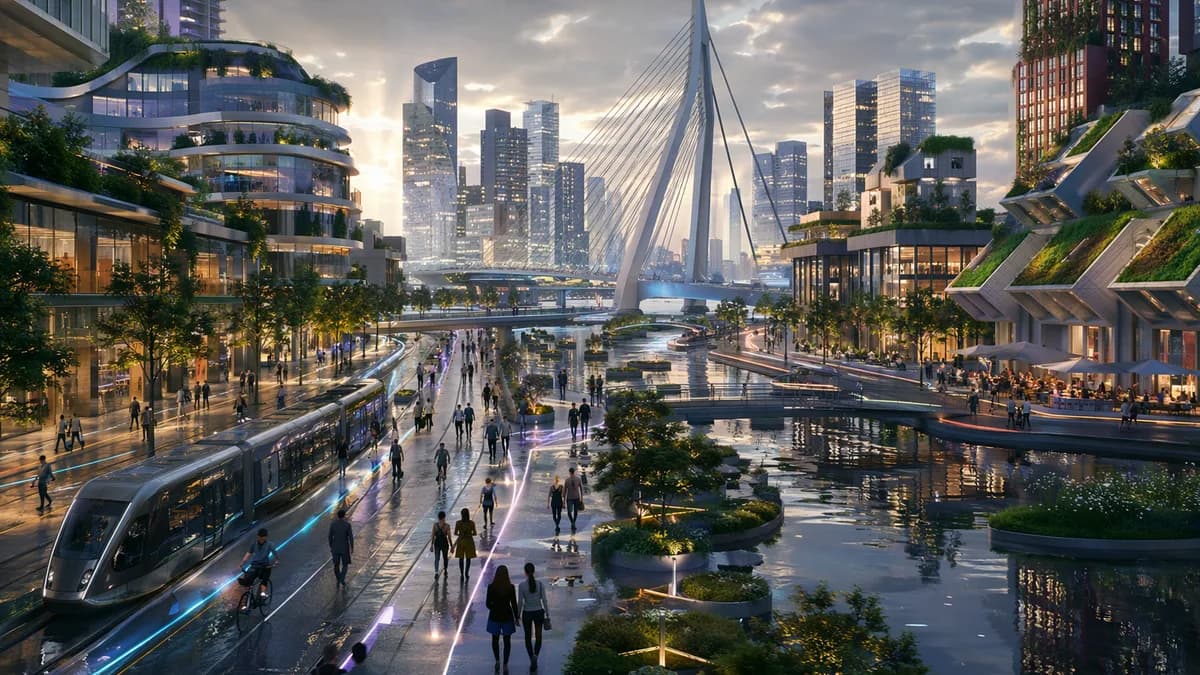 Wide establishing shot of near-future Rotterdam in 2041 after light rain, adaptive canals, green rooftops, autonomous trams, bicycle lanes shifting with subtle illuminated pavement, diverse pedestrians moving through a calm city guided by invisible AI sys