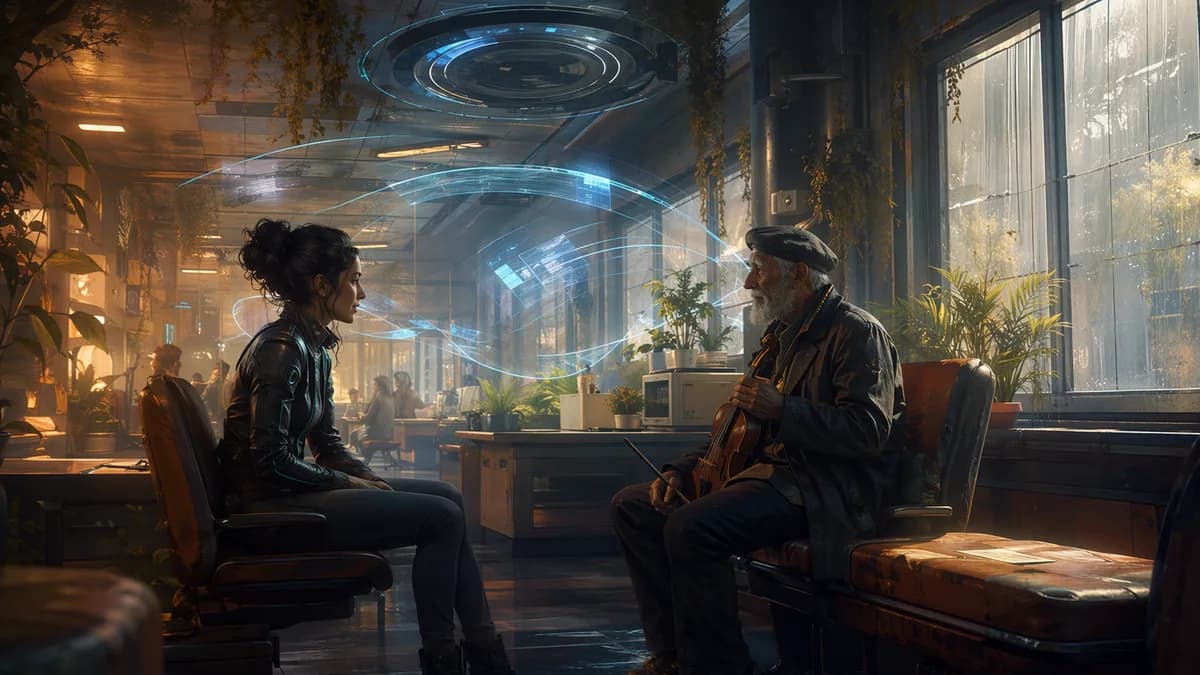 Medium scene inside a warm public Delay Office, Mara speaking with an elderly tram musician while translucent civic interface shapes hover like soft light between them, plants, worn chairs, rain-streaked windows, human and technological intimacy, digital