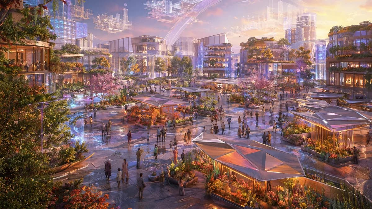 Detail/concept image of a neighborhood market square that transforms by season, modular stalls folded into climate gardens, projection-like silhouettes of possible future layouts ghosted above the plaza, people gathering in unscheduled conversation, poeti
