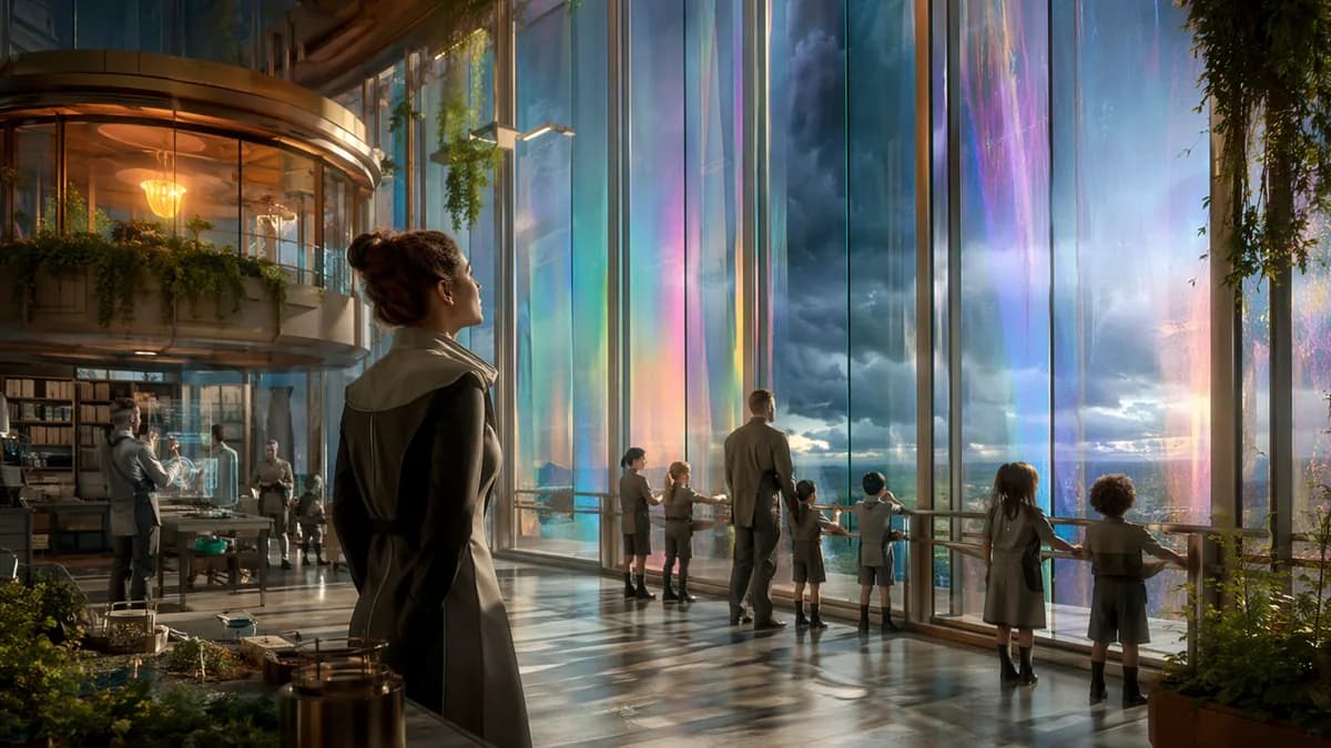 Medium scene inside a bright civic nursery workshop, Mara Venn observing large iridescent window panels as engineers and children stand at a respectful distance, the glass subtly shifting color with weather patterns outside, warm interior light mixed with