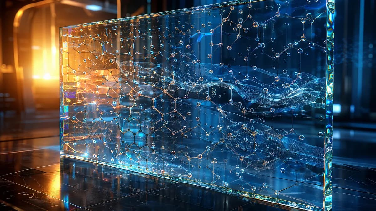 Detail/concept image of a quantum-designed glass pane seen from an angle, layered molecular lattice patterns suspended inside transparent material like frozen music, tiny droplets and light refractions revealing hidden structural changes, elegant and tact