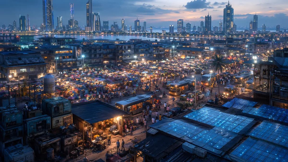 Wide establishing shot of Lagos in 2049 at blue hour, Balogun Market glowing with clean wireless power, quiet electric buses moving through crowded streets, rooftop rectenna tiles shimmering faintly, old diesel generators stacked like relics beside a live