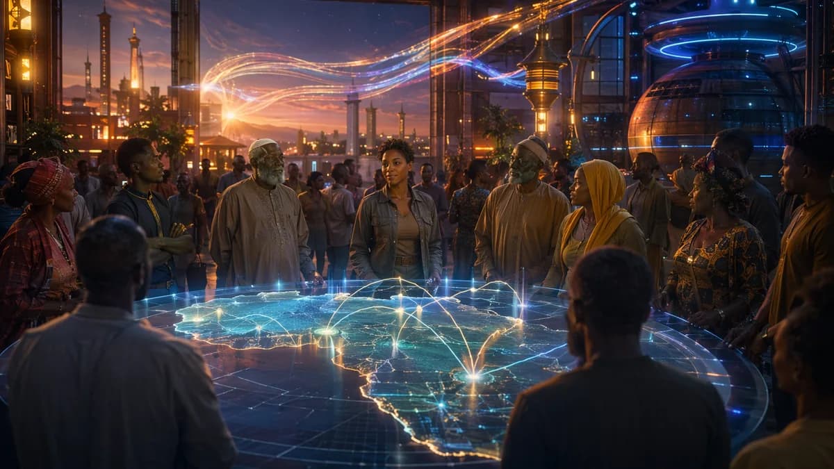 Medium scene inside a converted generator warehouse used as a community energy commons, diverse traders and residents gathered around a translucent holographic map of wireless power flows across West Africa, Amina Bello standing calmly among them in pract
