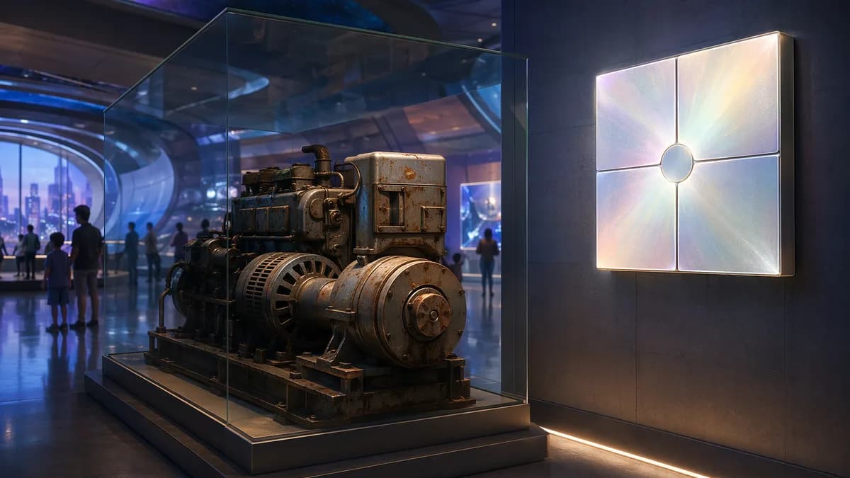 Detail/concept image of an old rusted diesel generator displayed under glass beside a sleek wall-mounted rectenna tile emitting a subtle pearlescent glow, children and adults visible in soft background silhouettes, contrast between fossil past and fusion-