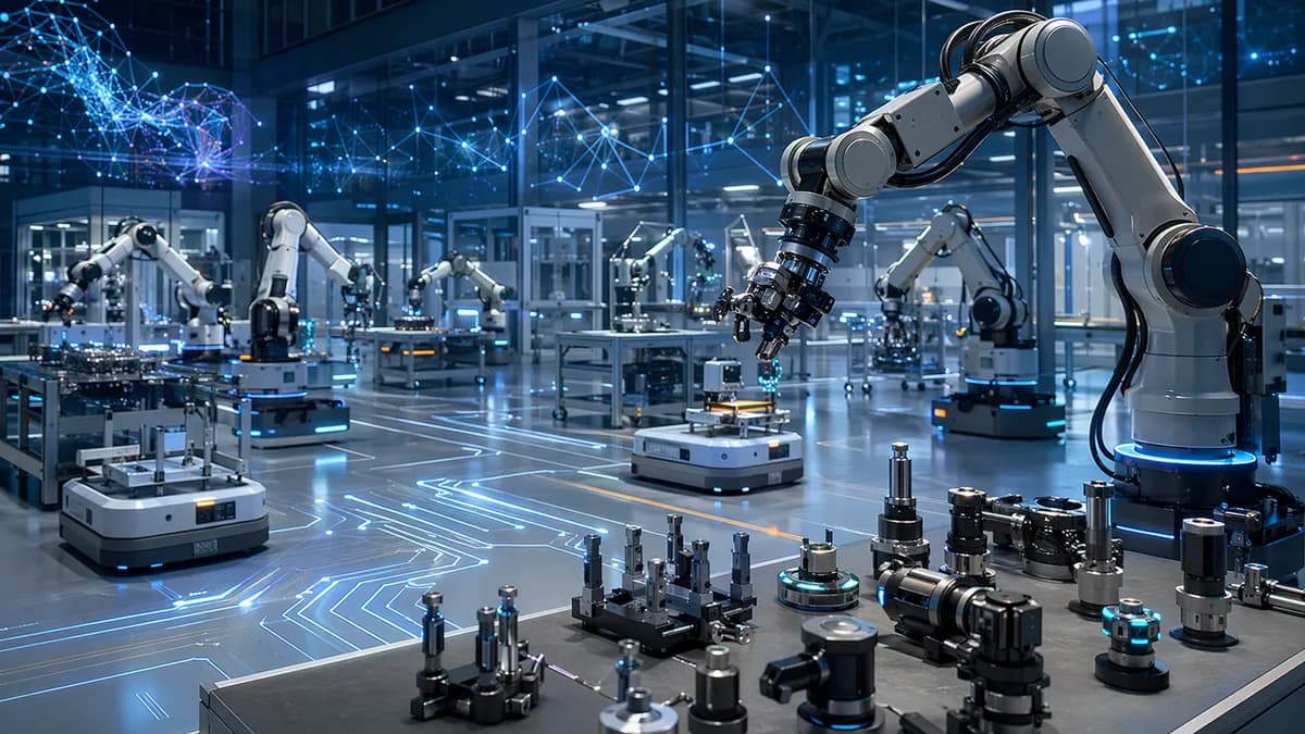 Modular factory robots reconfigure tools in a futuristic AI-powered manufacturing workspace.
