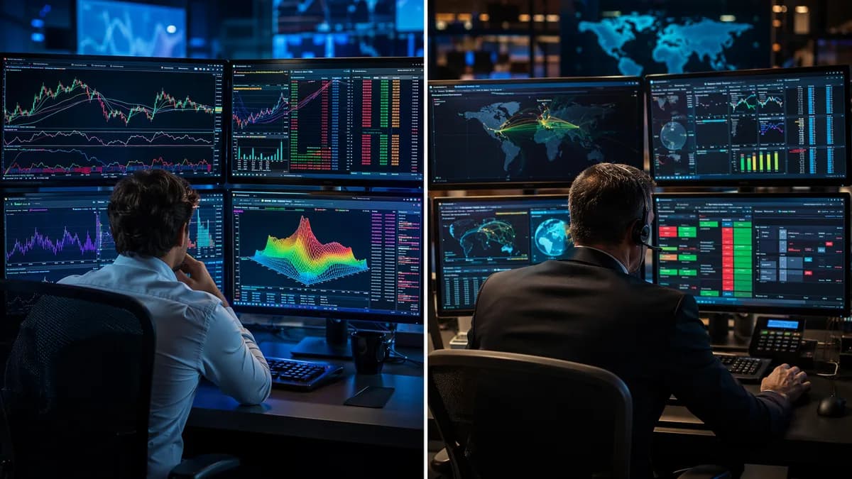 Split trading desk comparing charting tools with execution and global market access.