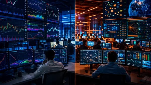 Split trading floor showing chart analysis on one side and execution automation on the other.