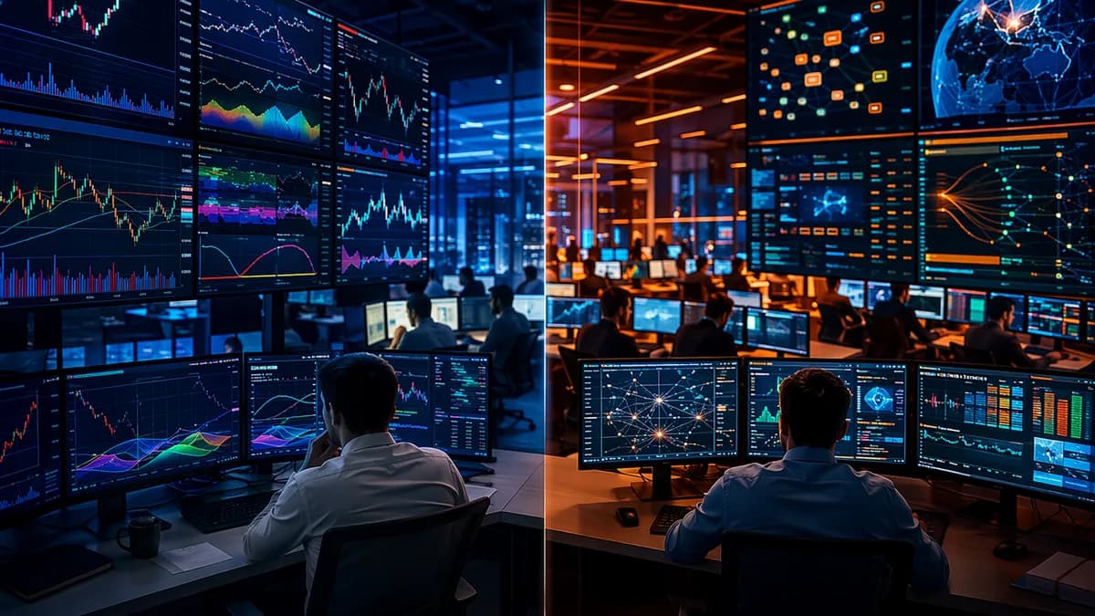 Split trading floor showing chart analysis on one side and execution automation on the other.