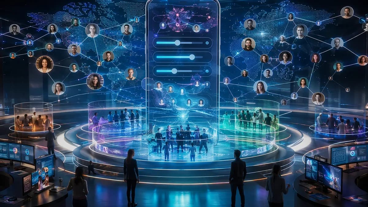 Futuristic social platform hub with profile nodes, privacy controls, and global community connections.